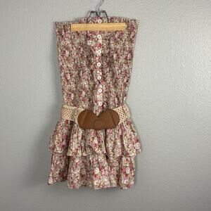 Deb Size Large Strapless Mini Dress Tiered Skirt Boho Belt Microfloral Print